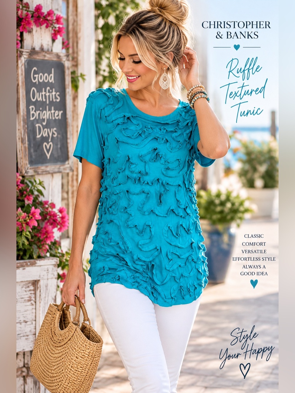 Christopher & Banks Aqua Ruffle Textured Tunic Top Stretch Size M
